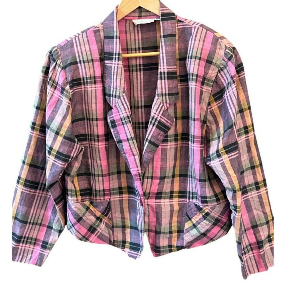 Vintage For Pete's Sake Purple Pink Plaid Linen Blazer 1980s Cottagecore Preppy